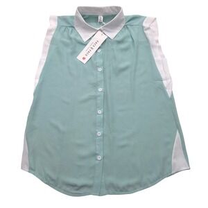 NWT Face N Face Sleeveless‎ Blouse White Collar Button Mint Green Womens Large